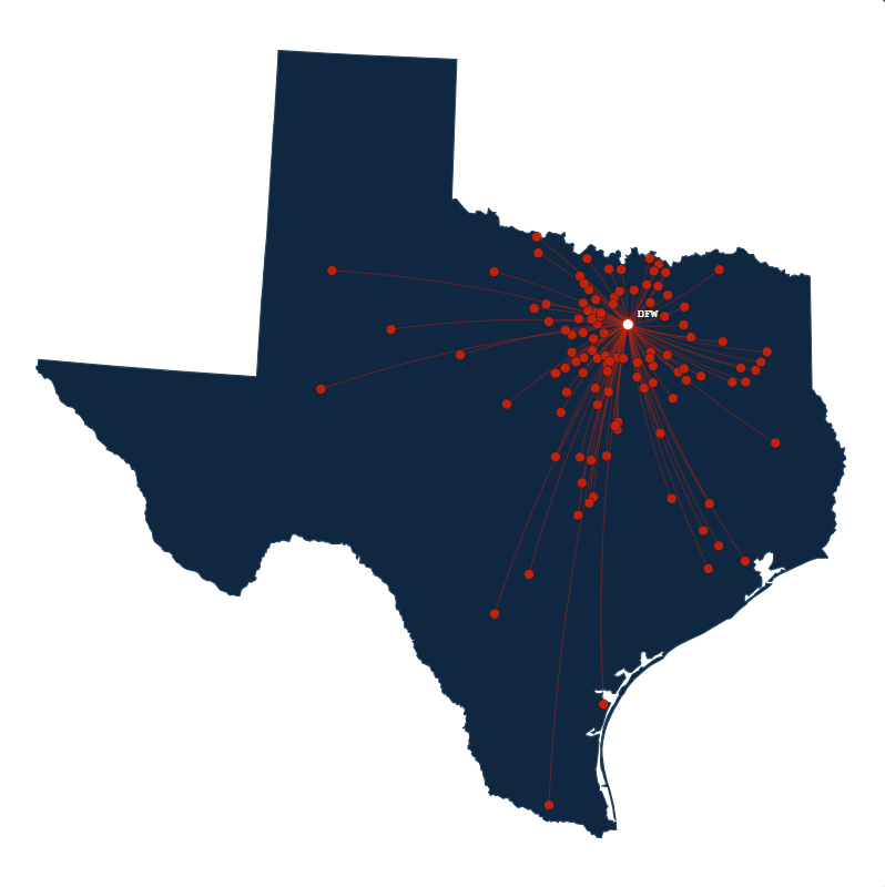 Mapa de Texas que muestra rutas de mudanzas en todo el estado desde el área de DFW hacia Houston, Austin, San Antonio, El Paso y Amarillo
